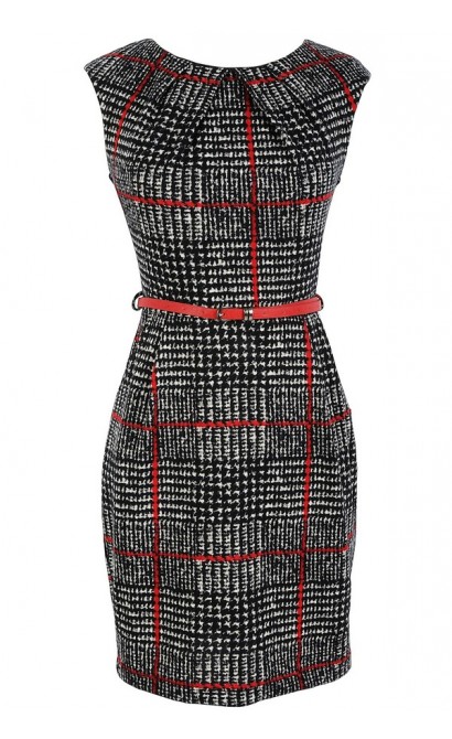 Belted Black and Ivory Pattern Sheath Dress in Red